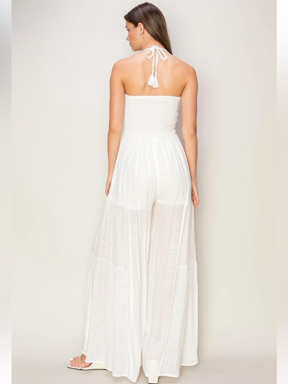 NWOT Women’s Smocked Crochet Halter Wide-Leg Jumpsuit - White